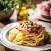 Linguines flambées dans la meule de parmesan